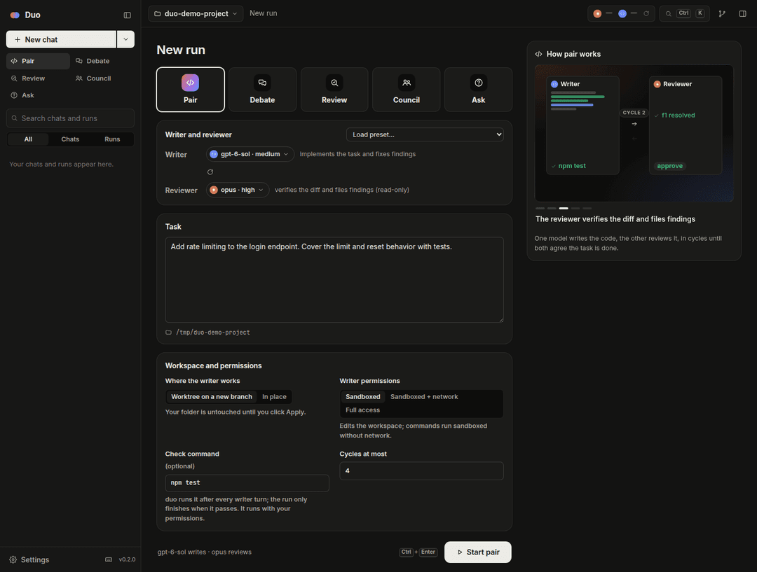Pair mode setup with writer and reviewer seats and workspace controls