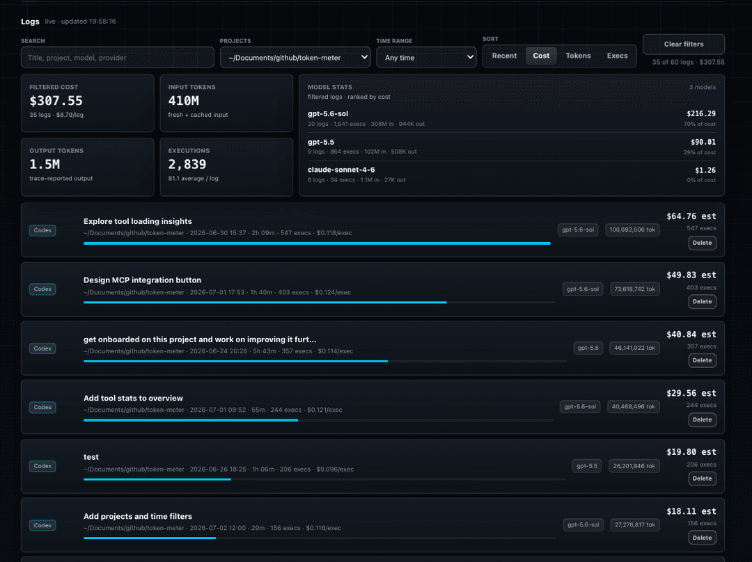 Token Meter Logs view with project and time filters, model statistics, and cost-ranked runs
