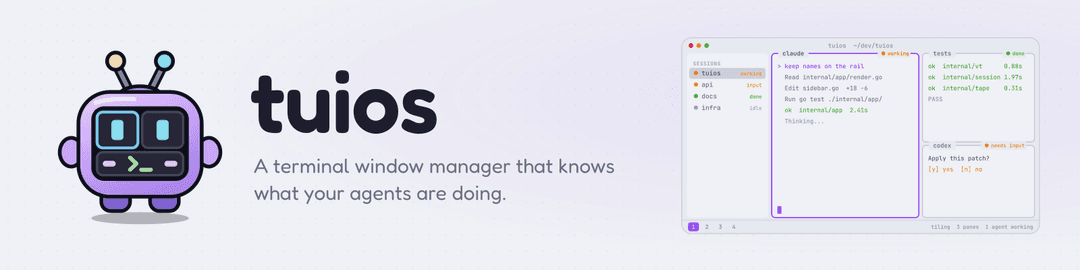 tuios: a terminal window manager that knows what your agents are doing. Tilly, a small purple CRT whose screen is a tiled layout, stands beside the tuios wordmark and a tiled terminal session.