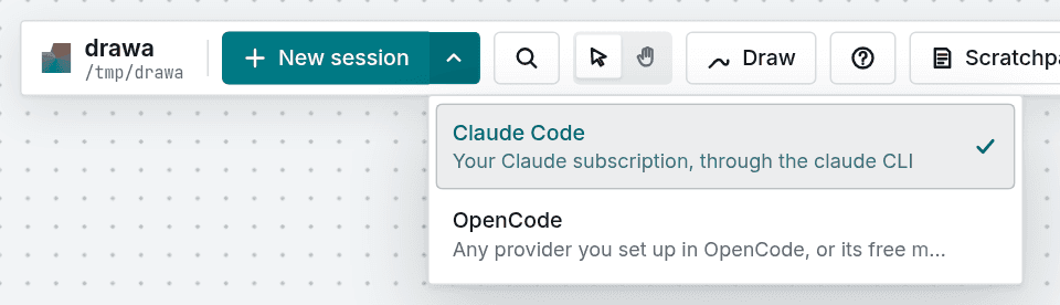 The New session menu listing the installed agents: Claude Code and OpenCode
