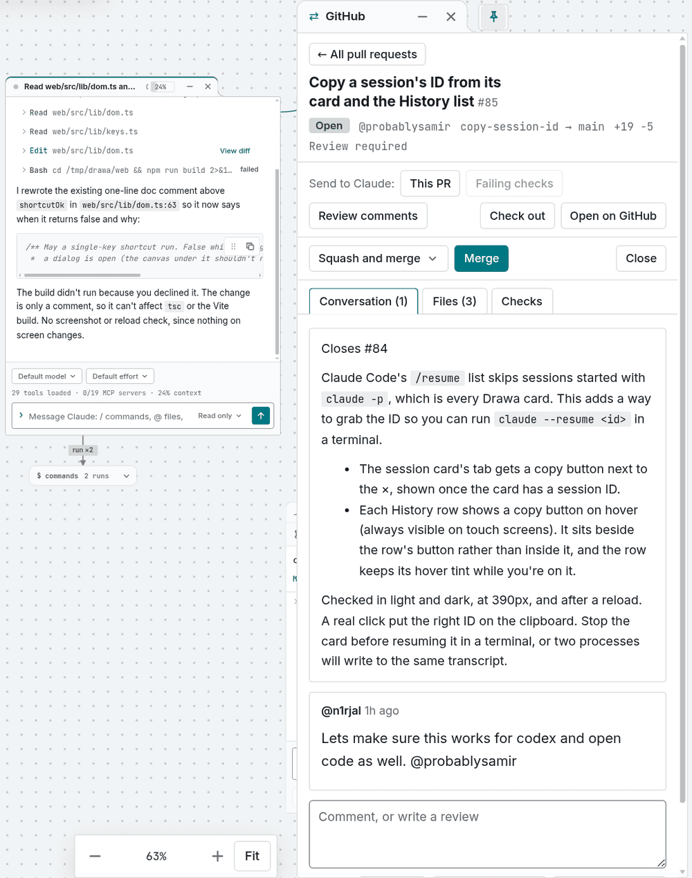 The GitHub window pinned to the sidebar beside a session card, showing a pull request with Send to Claude, Merge and its conversation