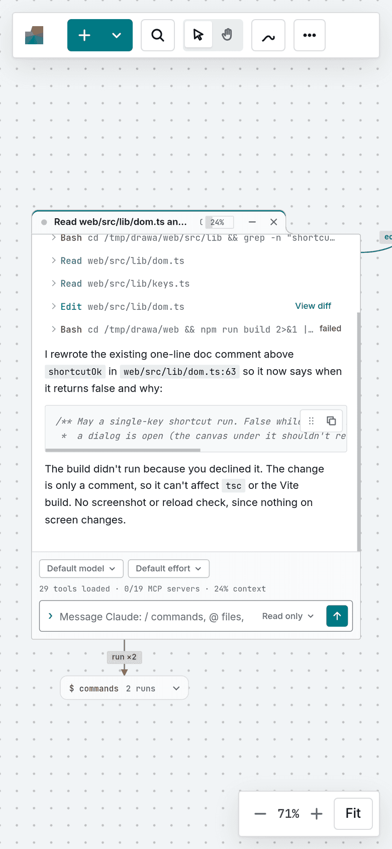 Drawa at phone width: a session card and its commands window