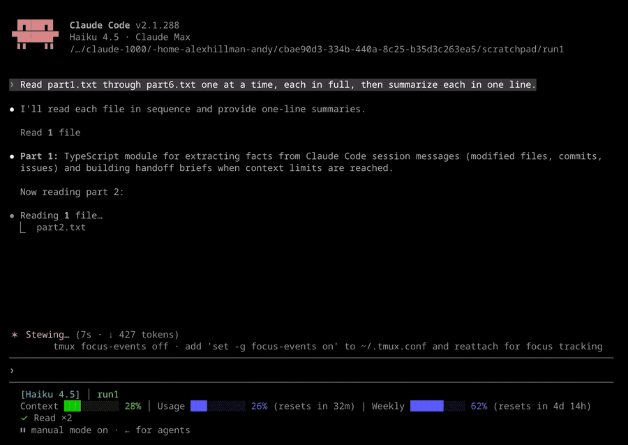 auto-handoff in a live session: the tool gate stops a read at the threshold, the panel walks through the brief and /clear, and the fresh session picks the work back up