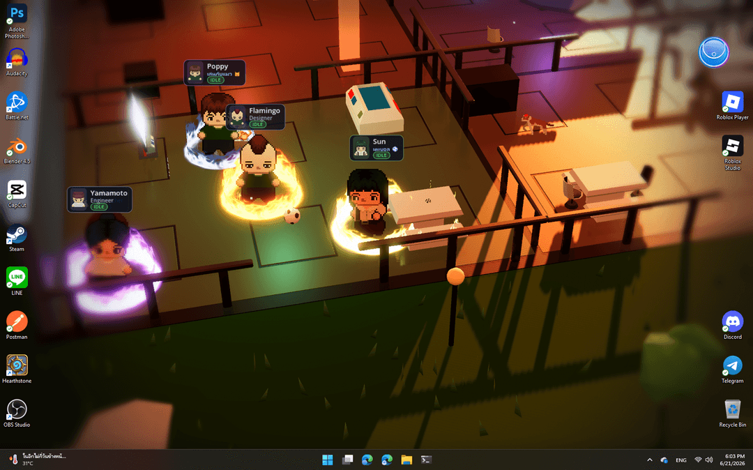 The agents gathered together, their status auras glowing, on the office floor at night