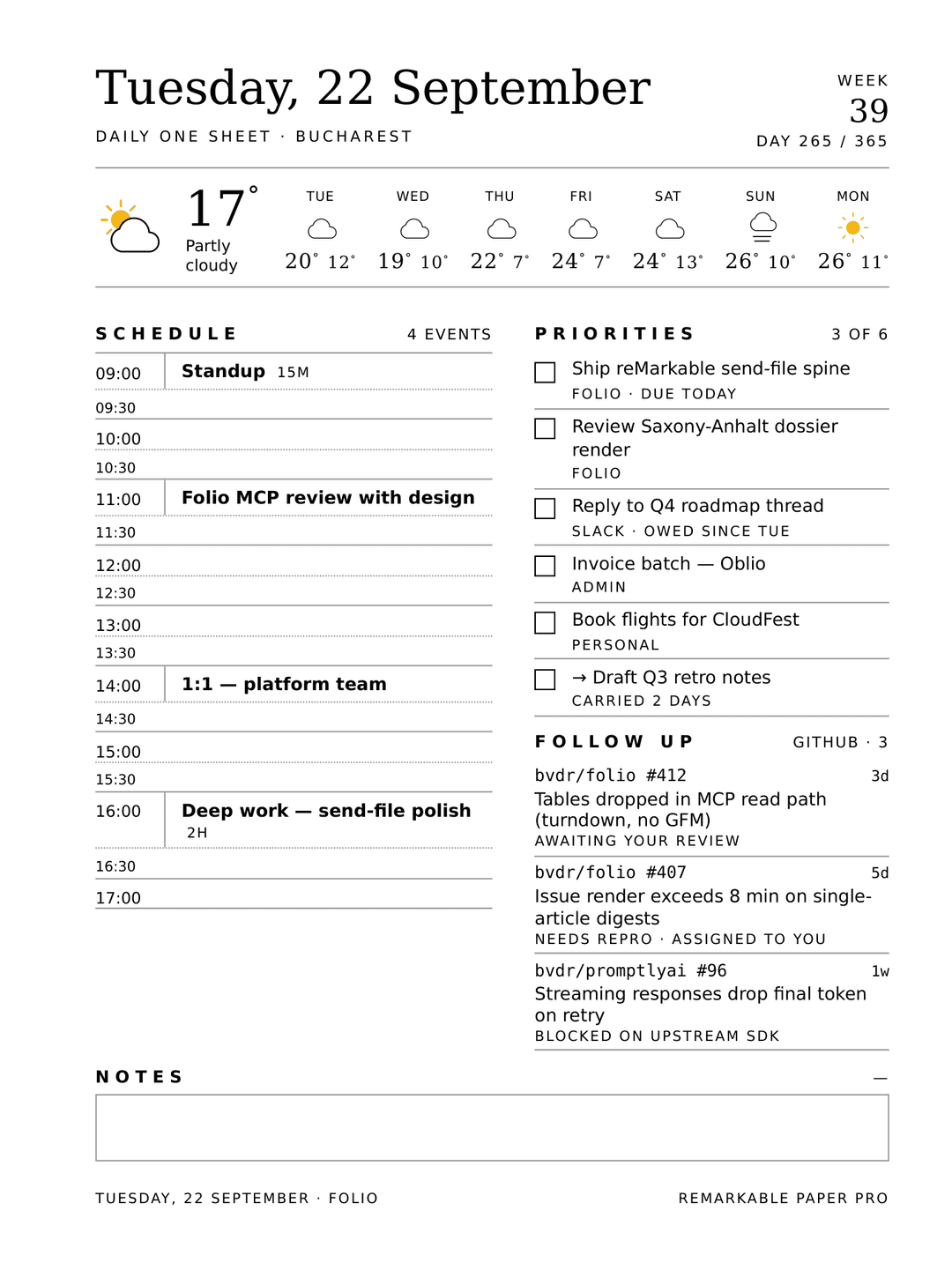 Daily one-sheet, rendered for reMarkable Paper Pro