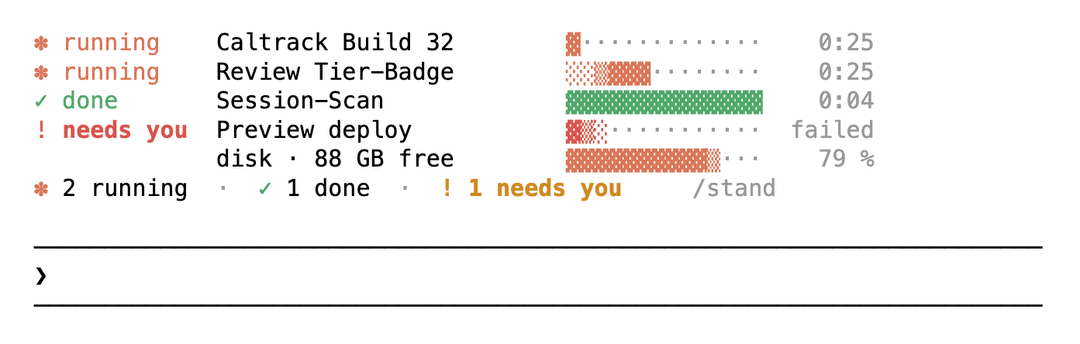 Open list: two running jobs, one done, one failed with needs you, the disk at 79 percent