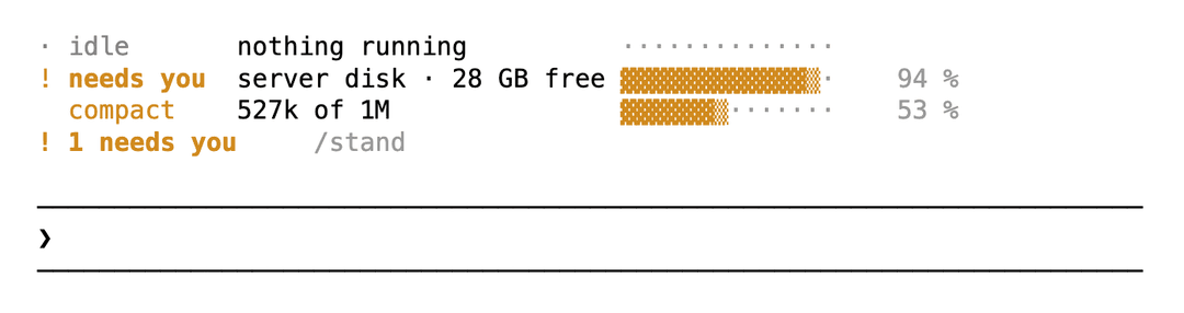 Nothing running, but the disk has only 28 GB free and the context is at 527k of 1M