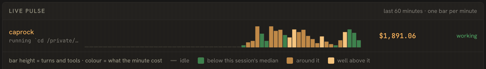 The live pulse: one bar per minute, coloured by what the minute cost