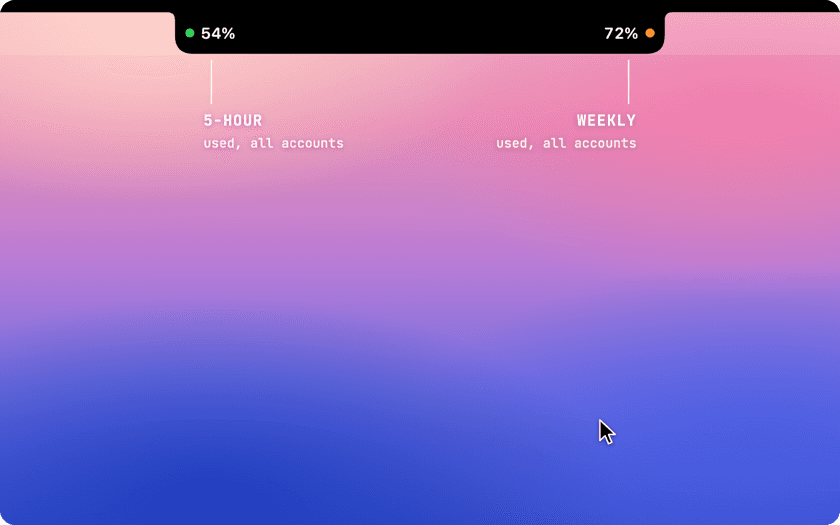 Hovering the notch opens the limits of every account; the launch command of the account with room is copied and Claude Code starts as that account