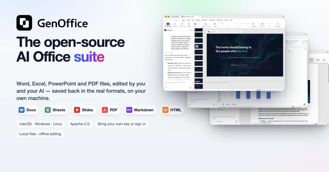 GenOffice — the open-source AI Office suite: Docs, Sheets, Slides, PDF, Markdown and HTML with a built-in AI panel