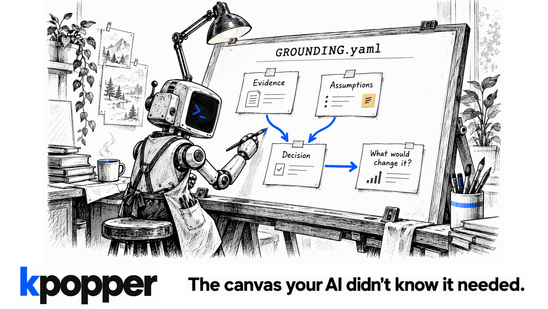 kpopper. An ink-drawn robot works at a drafting surface labelled GROUNDING.yaml. Blue arrows connect Evidence and Assumptions to a Decision, then to What would change it. The lowercase kpopper wordmark has a blue k. The caption reads: The canvas your AI didn't know it needed.