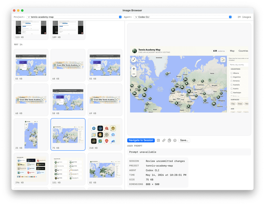 Image Browser window with thumbnail grid and selected screenshot preview