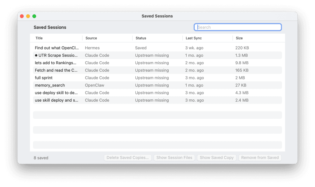 Saved Sessions window listing stored sessions and restore actions