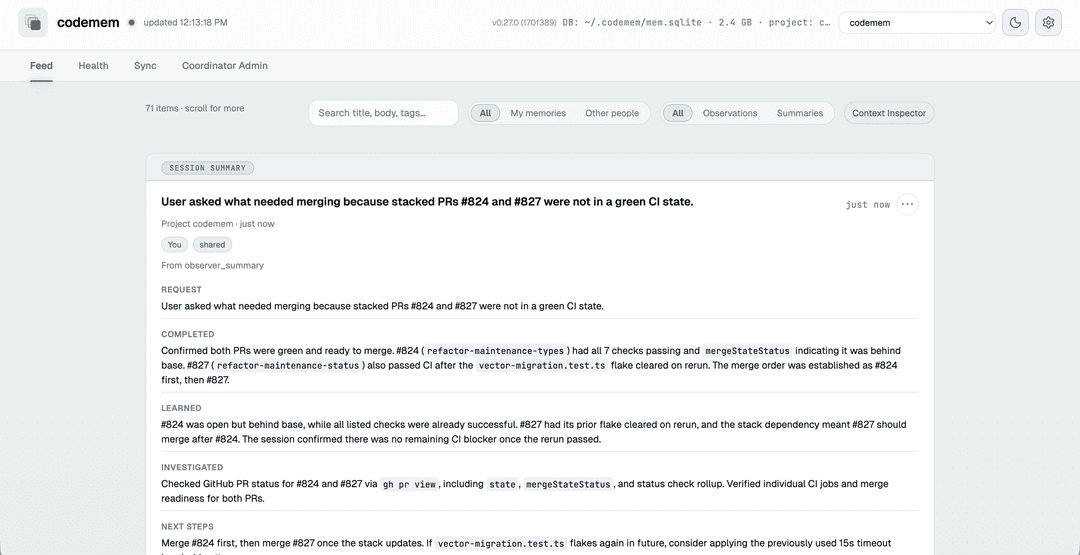 codemem viewer — feed tab