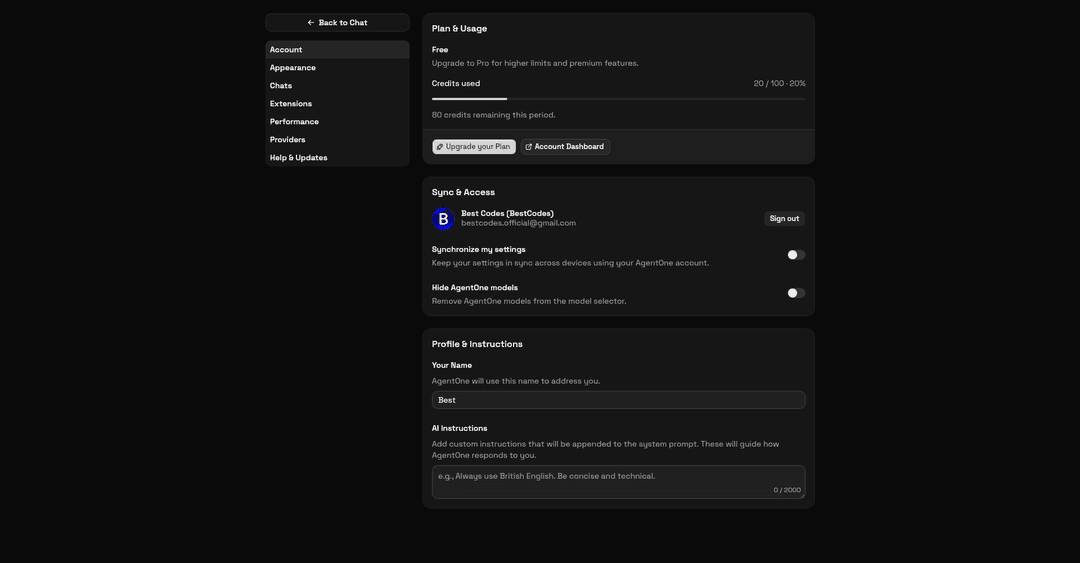 Screenshot of AgentOne settings page on account tab