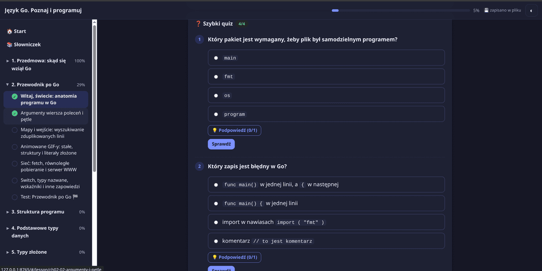Quiz with answer choices and hints