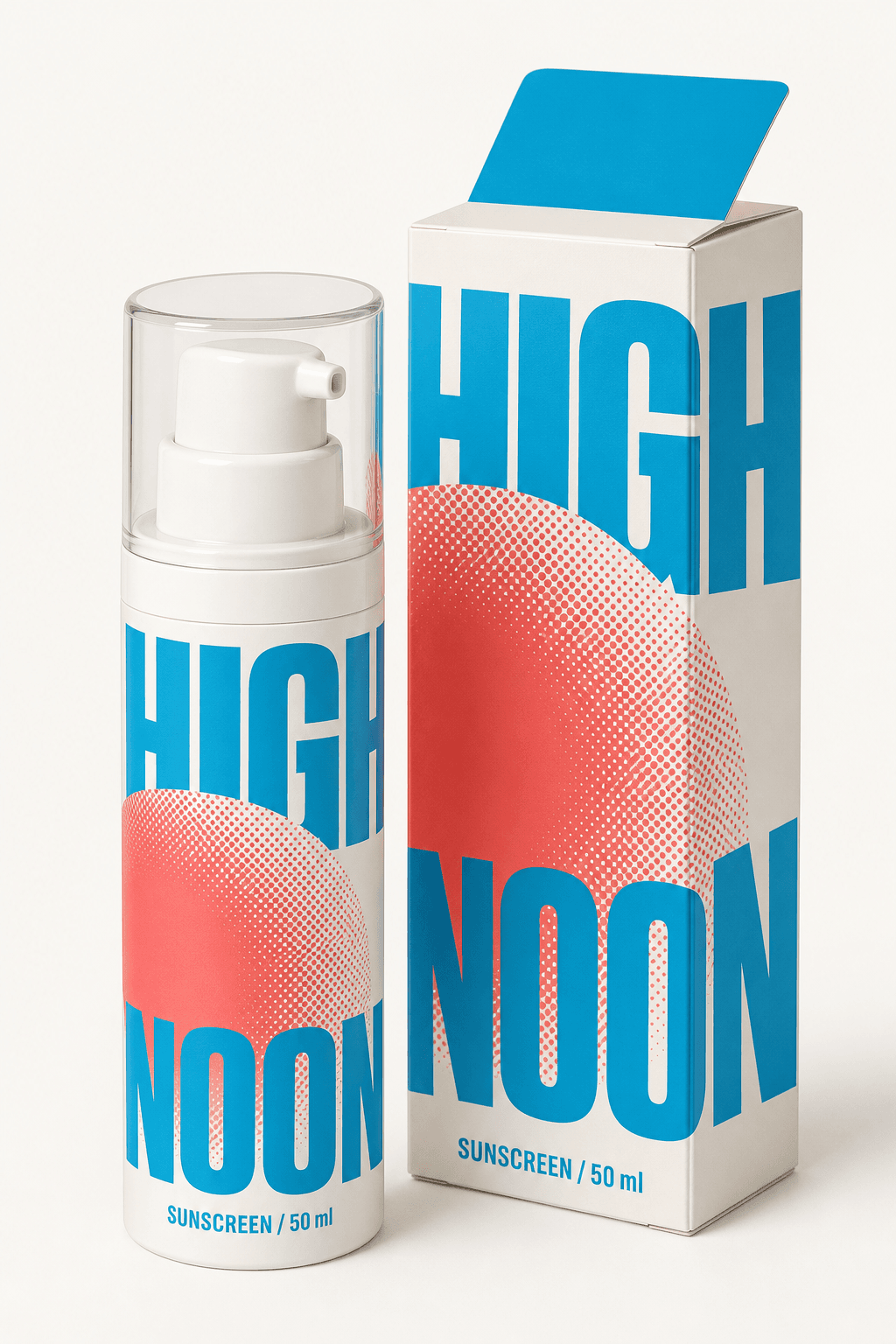 Cyan and coral sunscreen packaging