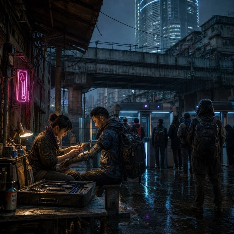 赛博朋克街道维修场景,包含有来源的霓虹、湿地反射、阶层基础设施和人机接触
