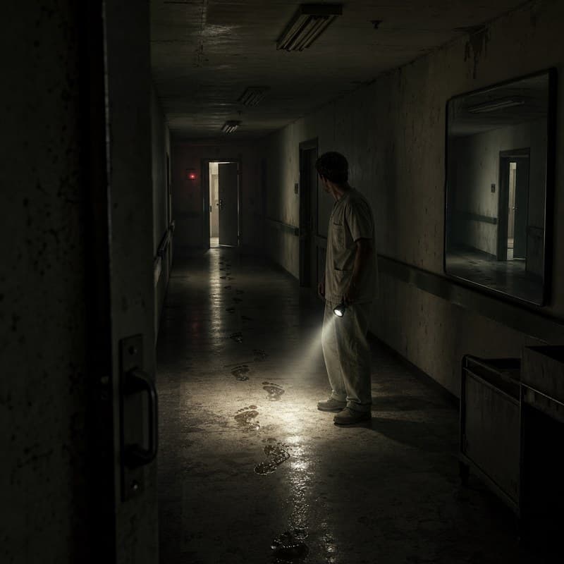 克制的医院走廊恐怖画面,手电光、湿脚印证据、负空间与镜面矛盾可读