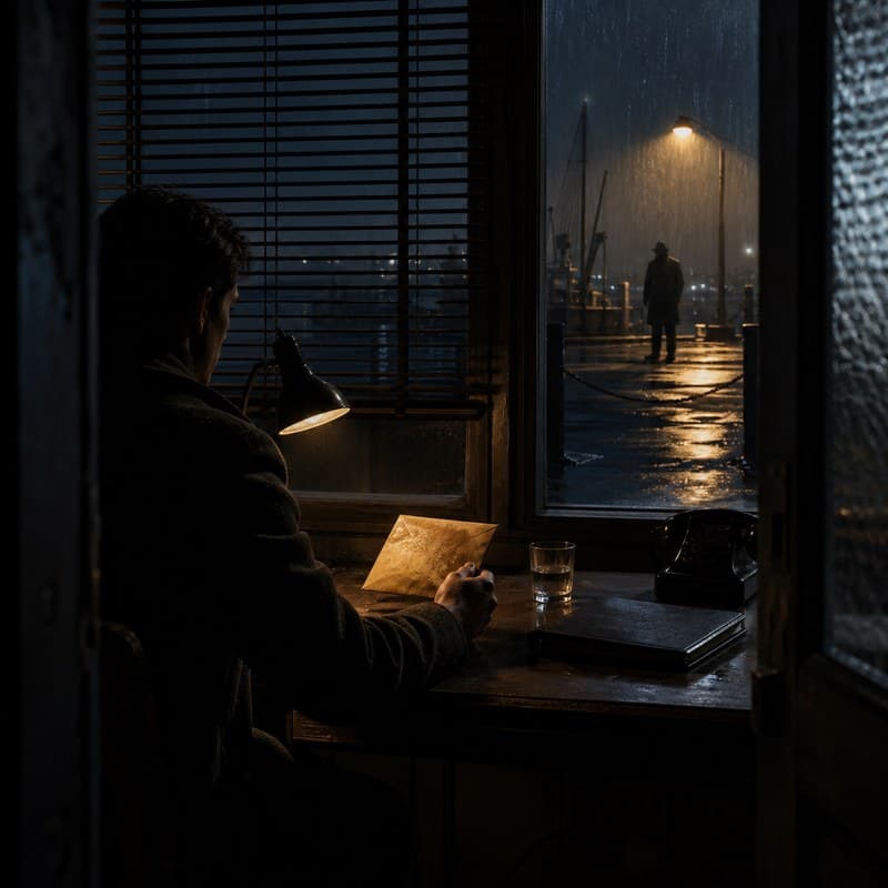 黑色电影港口办公室,密封信封位于明暗边界,雨窗外有人等待