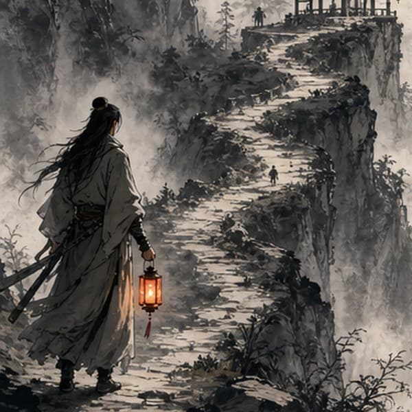 水墨衍生的三维武侠山路,人物动作接地,亭台路径与克制红灯笼清楚