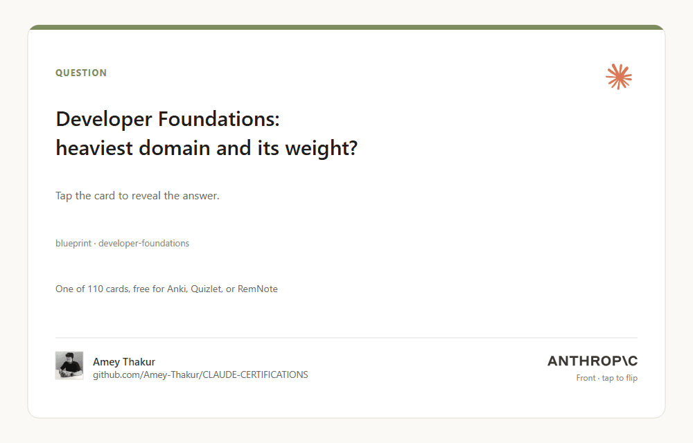 A flashcard asking which domain carries the most weight on the Developer Foundations exam