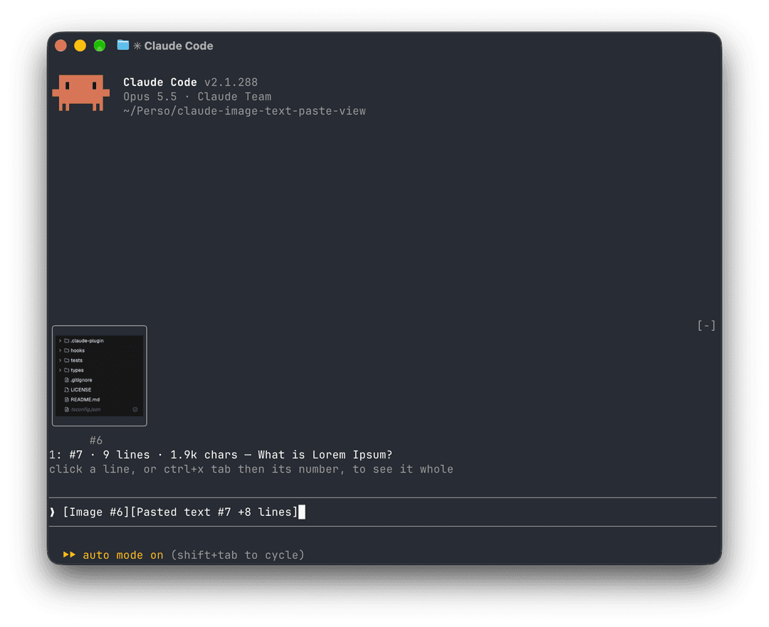 A pasted screenshot shown as a thumbnail and a pasted text as a one-line preview, above the prompt