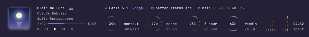 The band as it stands: the music card, then the header over the rings of context, cache, 5-hour and weekly, and the bars of spend