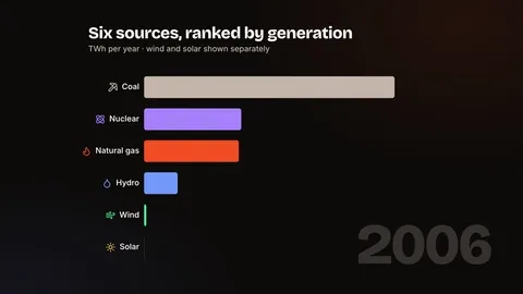 A ranked bar chart of US electricity sources moving through the years.