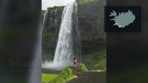 An Iceland waterfall with a small map of the ring road.