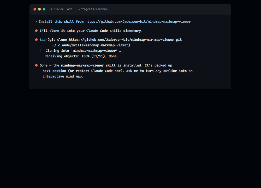 Install the skill, ask Claude to turn an outline into a mind map, and open the interactive result