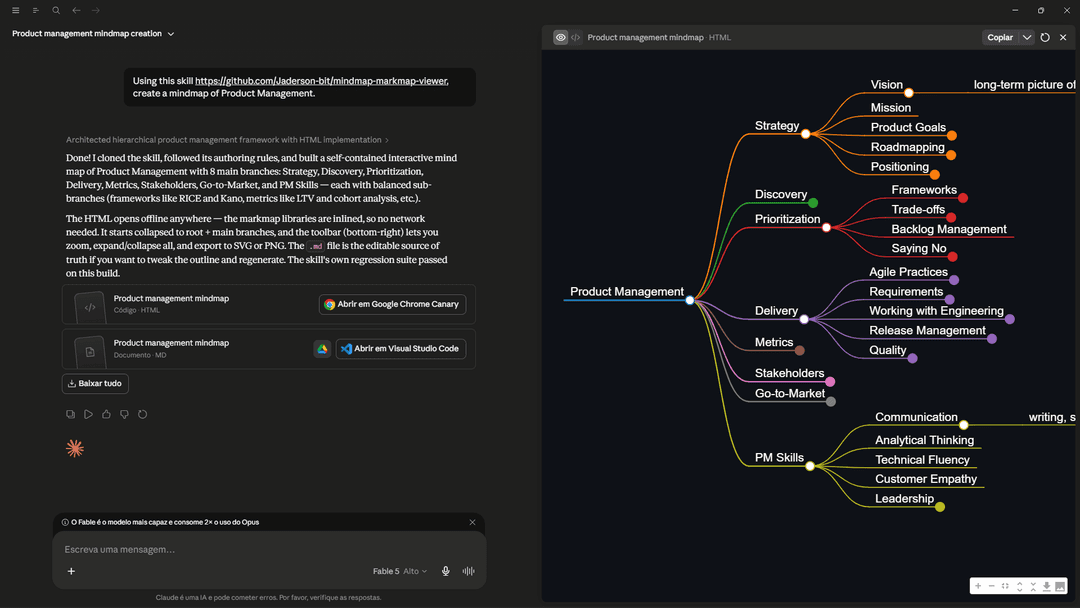 One-line prompt in the Claude app producing an interactive Product Management mind map