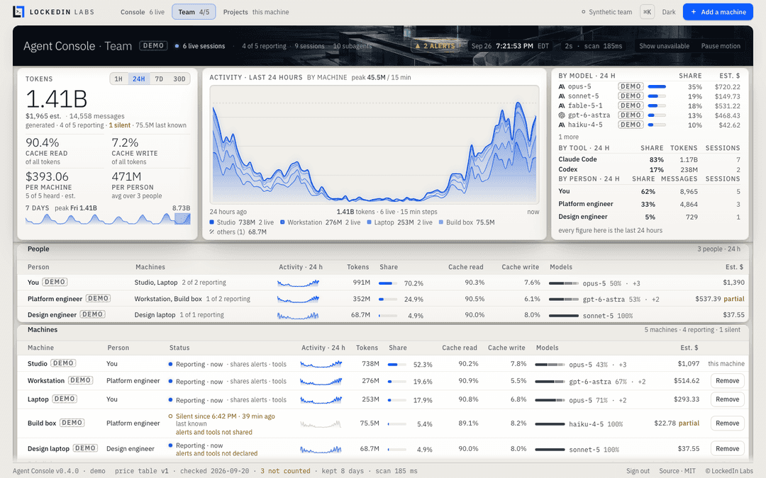 The Team view in demo mode, light