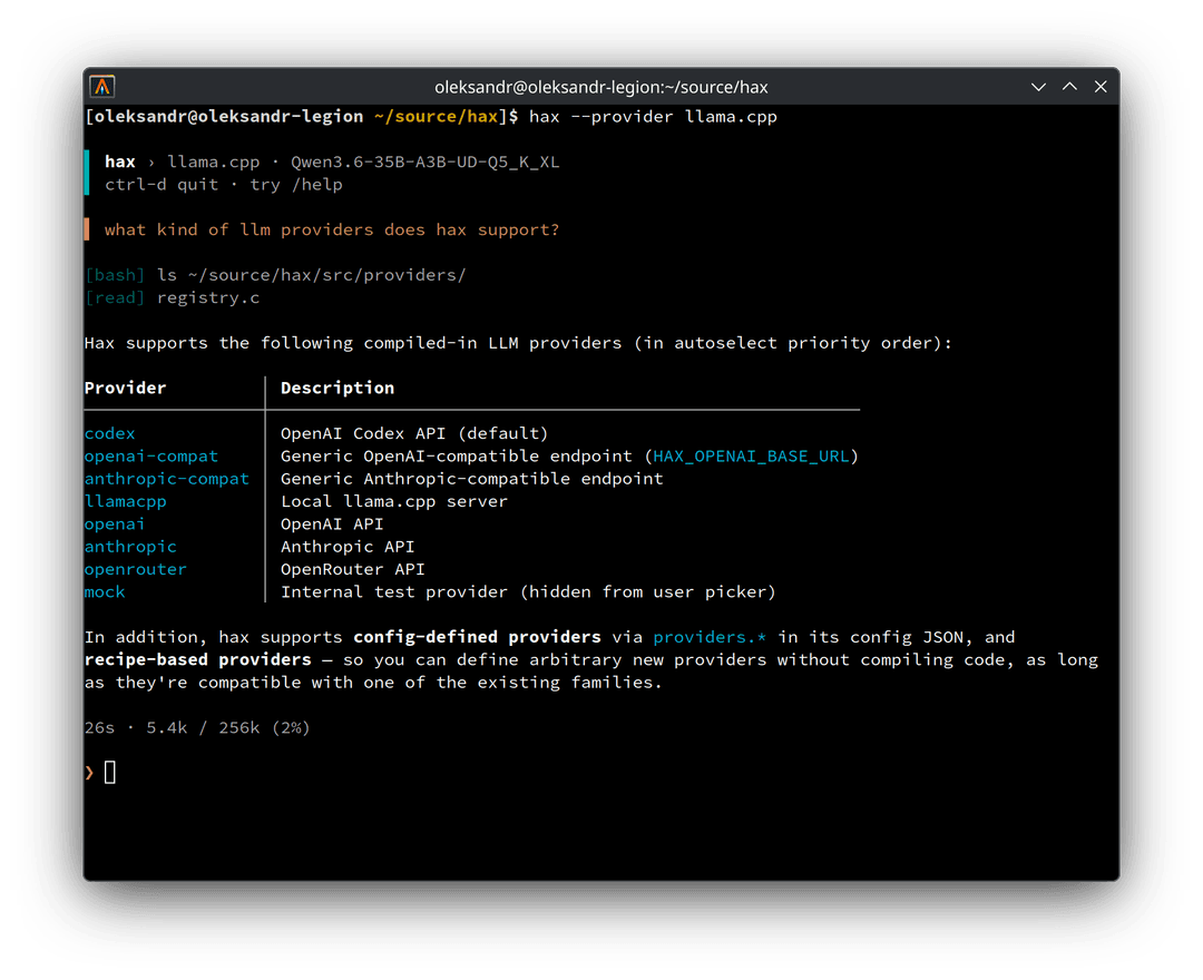 hax answering a question about its own source using a local llama.cpp model