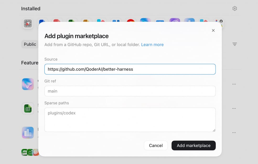 Codex Add plugin marketplace dialog with repository, Git ref, and optional sparse paths