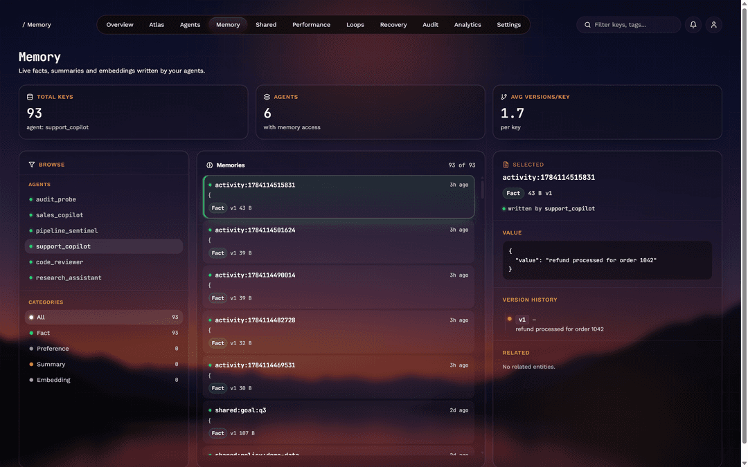 Memory explorer — keys, version history, and per-agent browsing