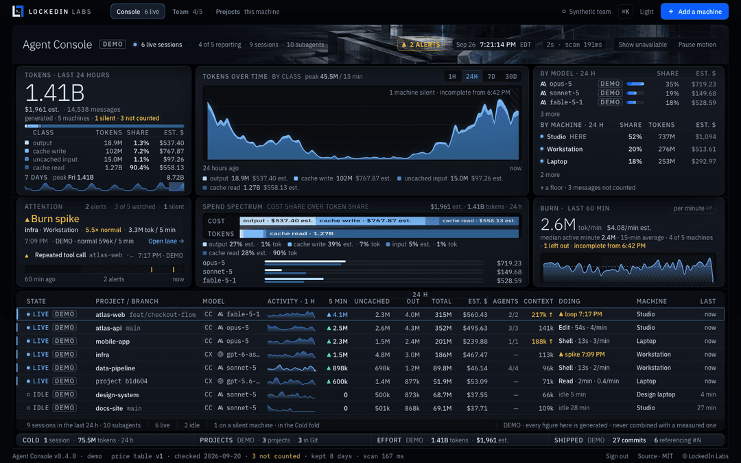 Agent Console in demo mode, dark