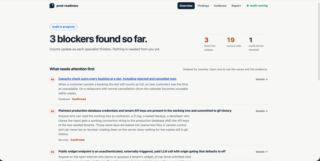 The dashboard's overview: a "Hold — do not deploy" verdict, counts for blocking
and serious findings, and the findings that need attention first
