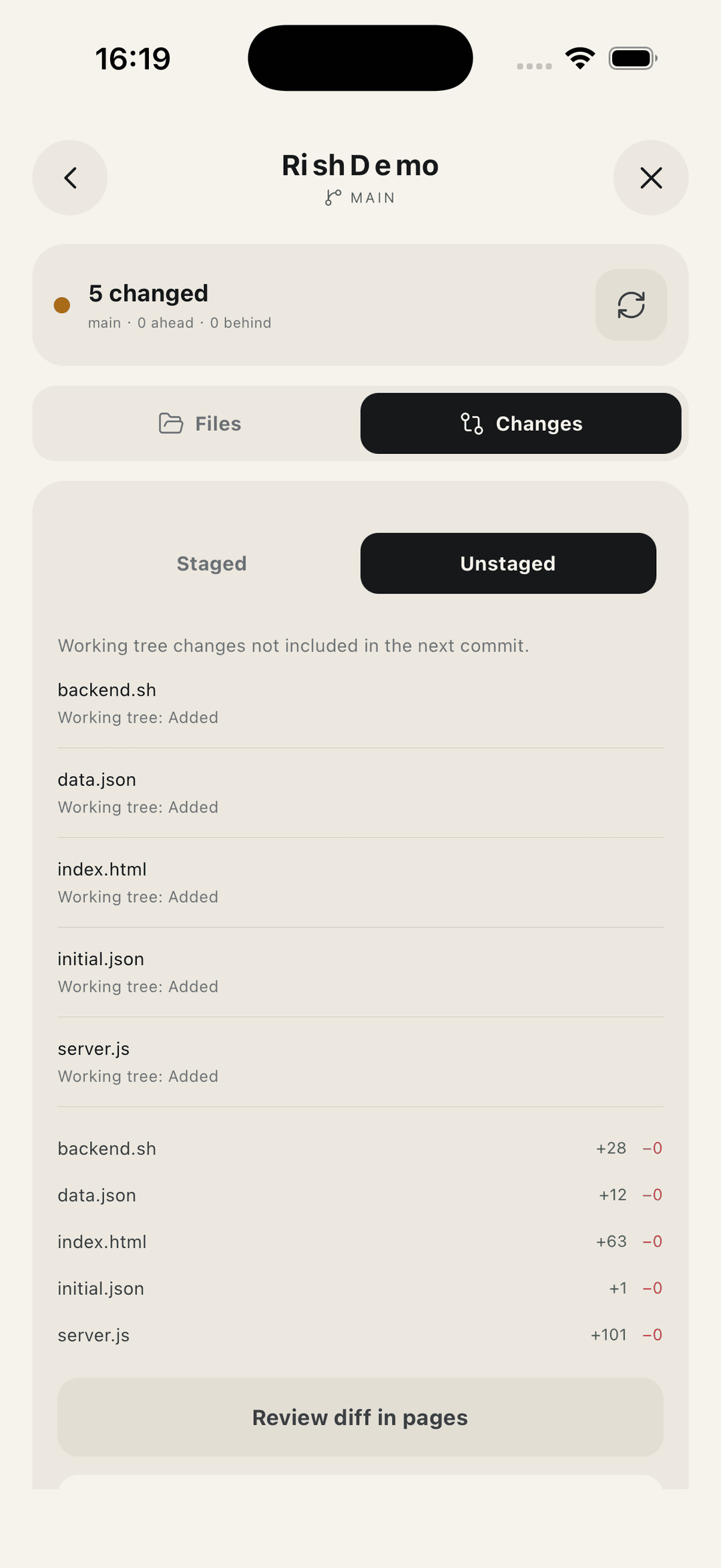 Rish iOS Simulator showing unstaged files and change statistics