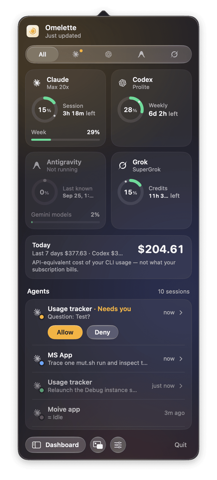 The popover: every provider on one tab, a session waiting for your Allow / Deny, one working, one idle