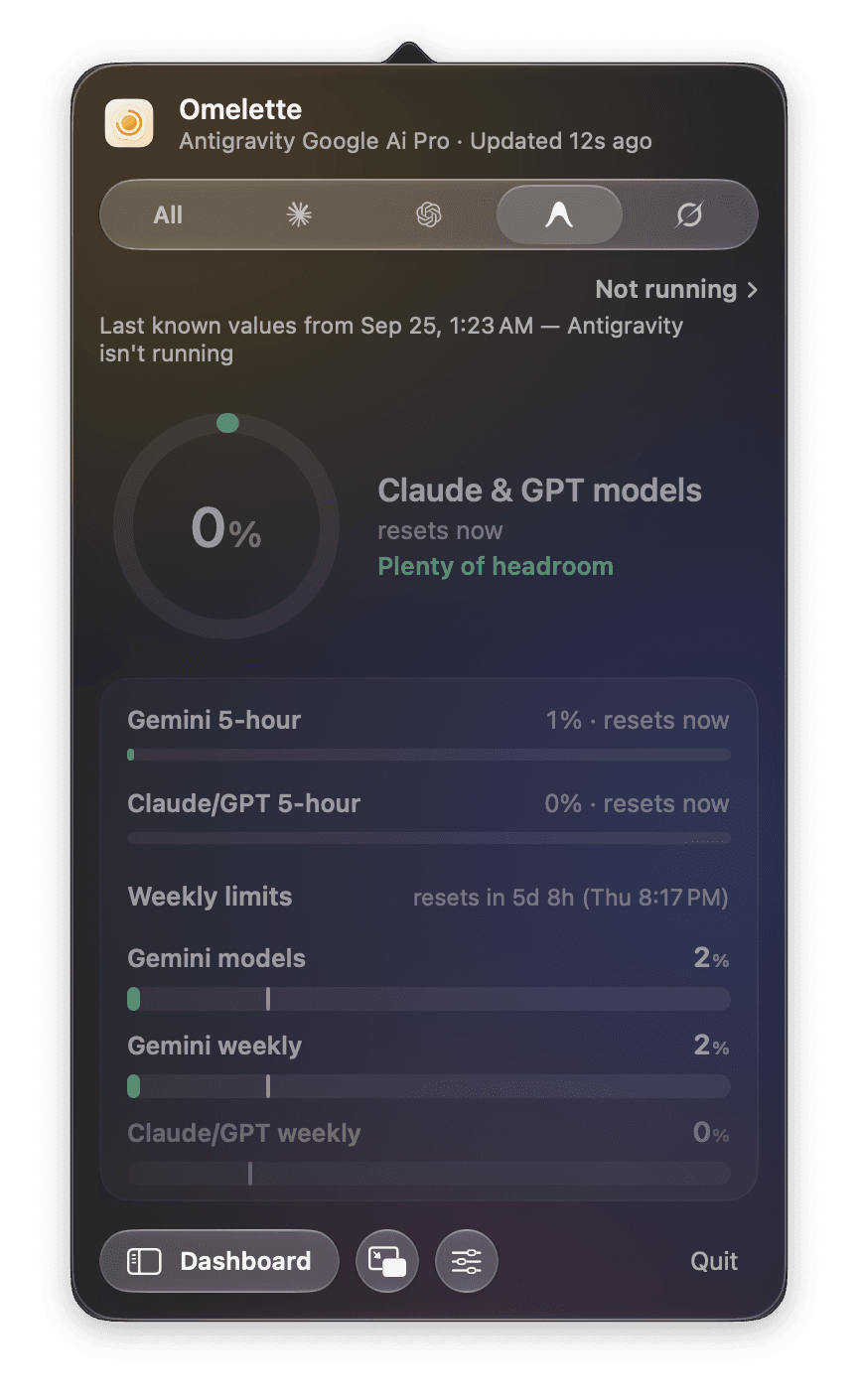 Antigravity tab while the app is closed: Not running chip, last known values with their time