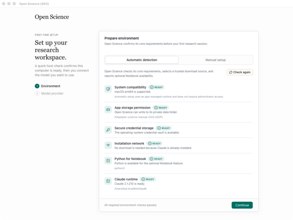 Automatic first-run environment checks in Open Science