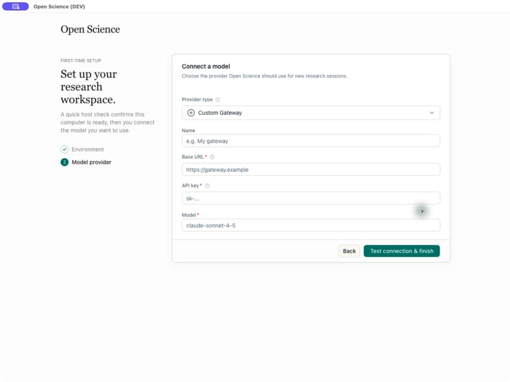 First-run model provider configuration in Open Science