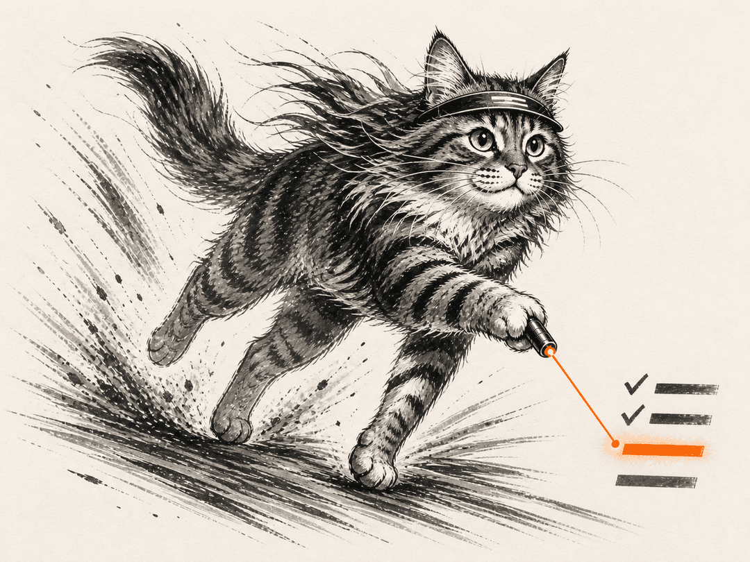 The Rundown cat aims its laser at a checklist, one line lit