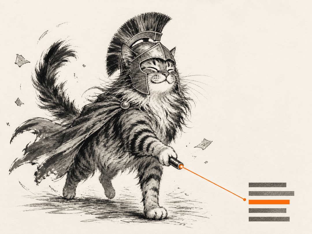 A cat in a Spartan helmet aims its laser at one lit line