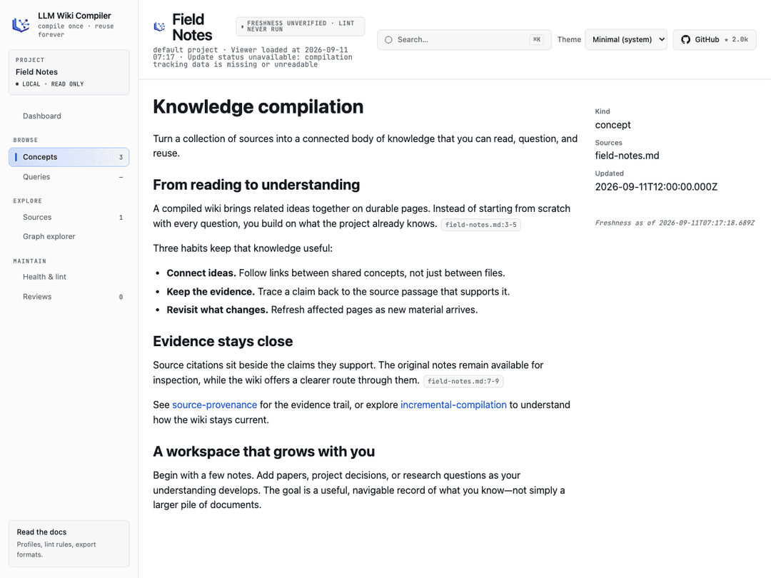 The same populated Knowledge compilation page in Minimal, following the system light setting