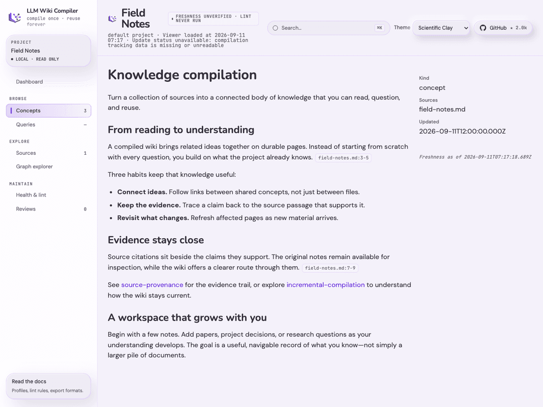 Knowledge compilation page in Scientific Clay, with soft lavender surfaces and rounded typography
