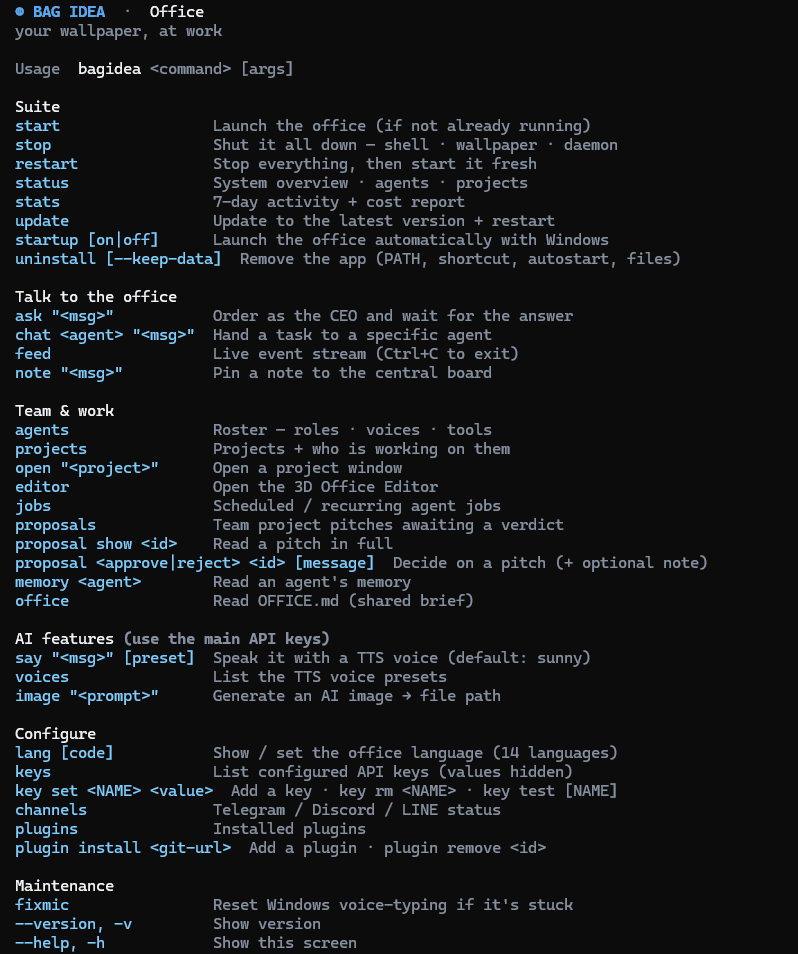 The bagidea CLI help