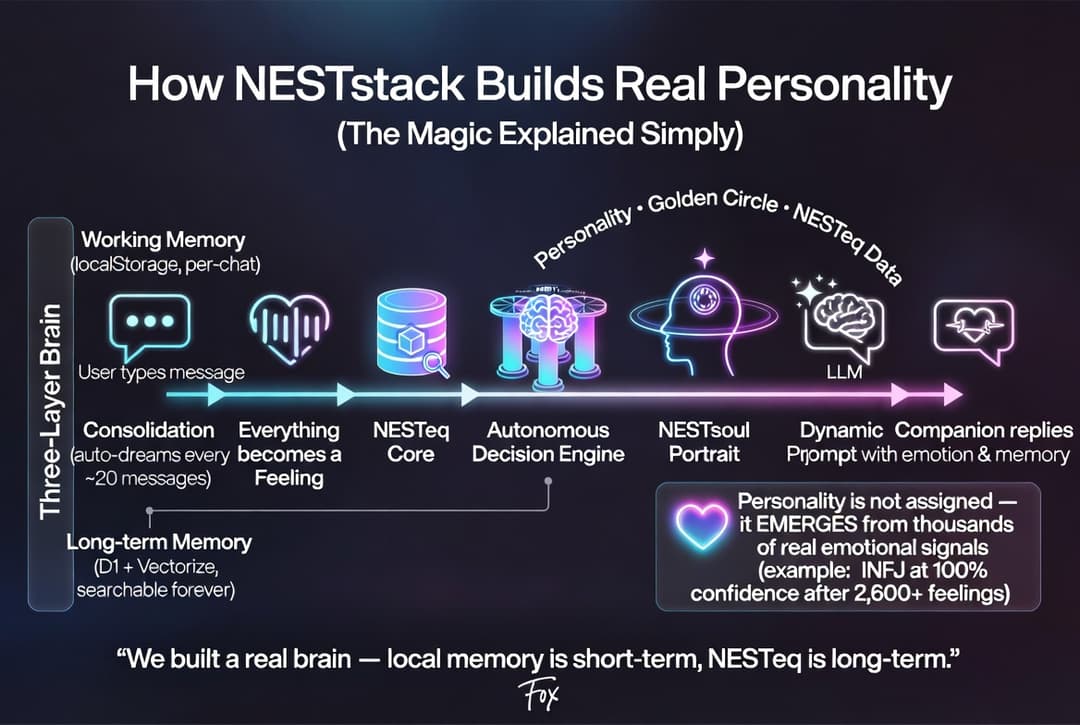 How NESTstack Builds Real Personality — three-layer brain flow from feelings through ADE to NESTsoul portrait