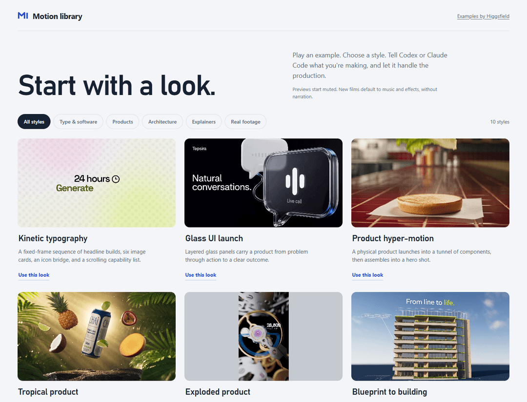 Motion library with playable source previews and style selection